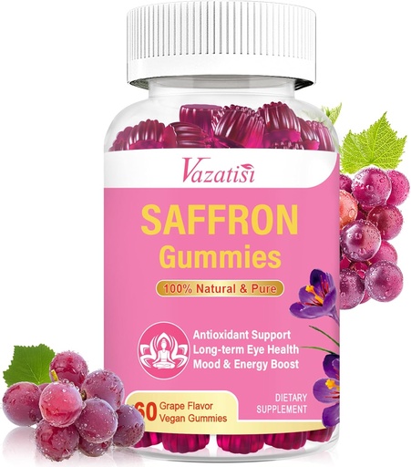 [BRSROADQCR6BG33F] Natural Saffron Gummies - Sugar Free Saffron Supplement with Saffron Extract 100 mg, Magnesium, GABA, Rhodiola - Mood | Focus | Vision | Energy Support - NonGMO Vegan - 60 Gummies, 30 Day Supply