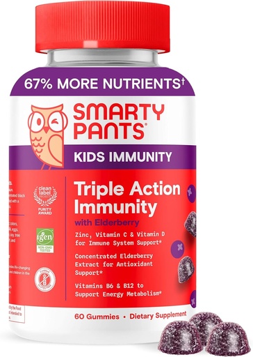 [BRSWKH32DIEAEC3J] SmartyPants Kids Immunity Elderberry Gummies: Kids Immune Support Supplement, Vitamina C, Vitamina D, Vitamina B6 &amp; B12 y Zinc, Gluten Free, Elderberry Flavor, 60 Cuenta (30 Day Supply)