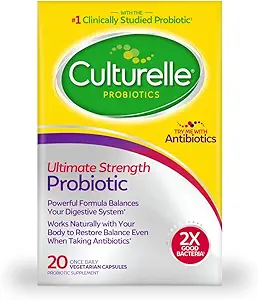 [BRSWKHQPAUARYFD2] Culturelle Ultimate Strength Probiotic for Men and Women, Most Clinically Studied Probiotic Strain, 20 Billion CFUs, Supports Occasional Diarrhea, Gas & Bloating, Non-GMO, 20 Count