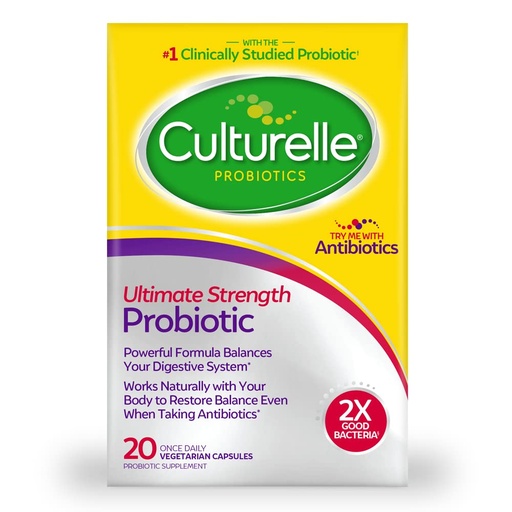 [BRSWKHQPAUARYFD2] Culturelle Ultimate Strength Probiotic for Women & Men, 20B CFUs, 20 Count | Lactobacillus rhamnosus GG Strain, Daily Gut Health Support*, Vegetarian Capsule, No Refrigeration Needed, No Gluten, No Soy