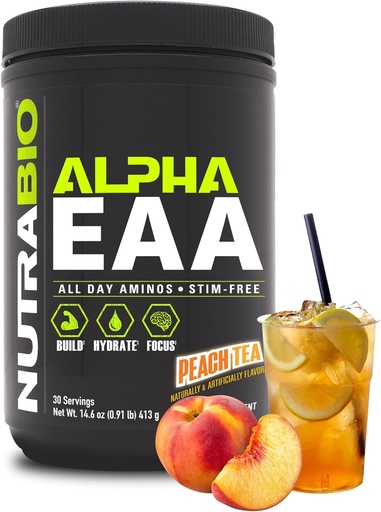 [BRSW2AAZAEPWCETB] NutraBio Alpha EAA - All-Day Amino Acids for Muscle Growth and Hydration - Essential Amino Acids with Nootropics & Adaptogens- Full Spectrum EAA BCAA Powder - 30 Servings - Peach Tea