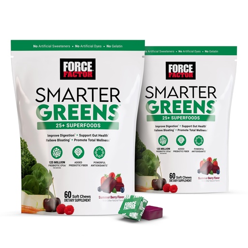 [BRSW2AL4BMMBO3TO] Force Factor Smarter Greens Superfood Chews, 2-Pack, Superfoods with Probiotics, Antioxidants, and Fiber, Greens Supplement to Support Digestion, Nitric Oxide, and Energy, 120 Soft Chews