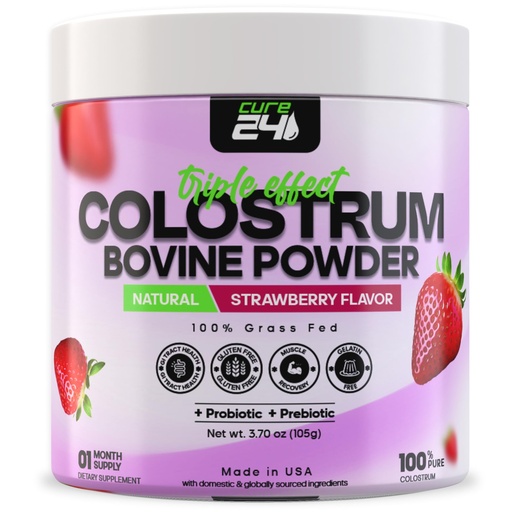 [BRSRAZA6BAPR6YDF] Bovine Colostrum X3 Supplement Powder for Humans, 100% Pure Whole Natural Grass Fed Superfood, High IgG, Plus Probiotic & Prebiotic, Unflavored, Made in USA (Strawberry)