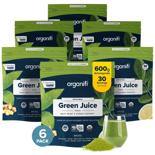 [BRSWKEAKBUJR2F3O] Organifi Green Juice - Powder Supplement with Organic Spirulina, Ashwagandha, and Chlorella - Helps Achieve Fitness Goals and Reduce Cortisol Levels - 6 Pack
