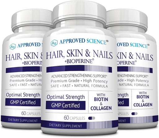 [BRSRMYIRDEBAE3LK] Approved Science Hair, Skin and Nails - Support Supplement - Biotin, Collagen, Vitamin B Complex, Silica, BioPerine - 180 Capsules - 3 Month Supply