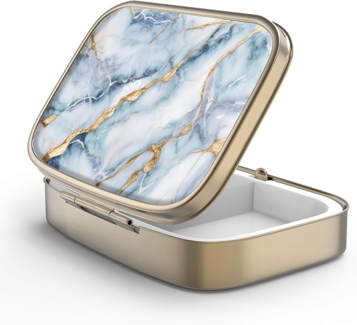 [BRSRMYYNB54GKAA2] Pill Case Pill Box with Mirror Retro 2 Compartment Small Pill Case for Purse or Pocket Bronze Rectangular Pill Box or Vitamins, Fish Oil, Supplements, Pill Containe Travel Gifts（White Blue Marble）