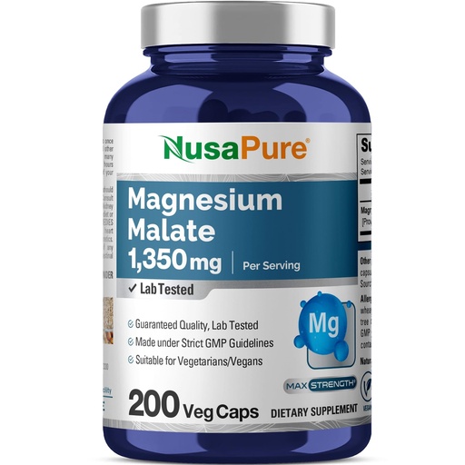 [BRSWGZLQAEBROFI3] NusaPure Magnesium Malate 1350mg 200 Veggie Capsules (Vegan, Non-GMO, Vegan)