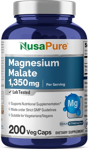[BRSWGZLQAEBROFI3] NusaPure Malate de magnésium 1350mg 200 Capsules de Veggie (Vegan, non-OGM, végétalien)