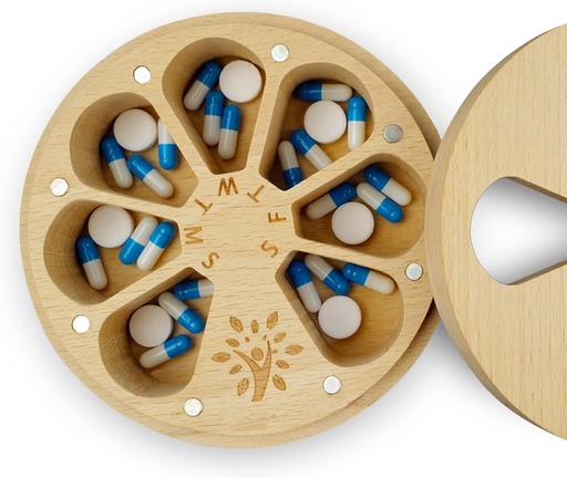 [BRSRMYLQBADQ2HY2] Wood Weekly Pill Organizer for Medicine Vitamin,Arthritis Friendly 7-Day Pill Box Medium Compartments Holder,Daily Portable Travel Pill Case with Velvet Bag