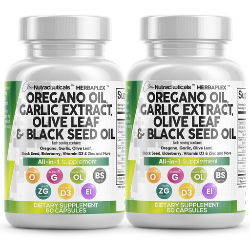 [BRSRAHAQBMDWKFA6] Clean Nutraceuticals Oregano Oil Garlic Extract Olive Leaf Black Seed Oil - Immune Support & Digestive Health Supplement for Women and Men with Vitamin D3 & Zinc - 2Pack