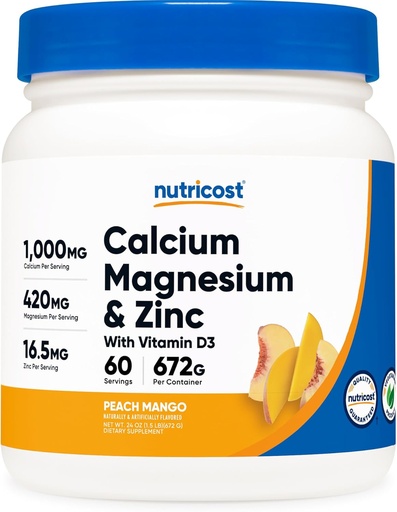[BRSROBQZCMFRMCL3] Nutricost Calcium Magnesium Zinc with Vitamin D3 Powder, 60 Servings (Peach Mango) - Calcium (1000 MG) Magnesium (420 MG) Zinc (16.5 MG) Vitamin D3 (30 MCG) - Gluten Free, Non-GMO