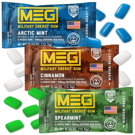 [BRSRAFI7PMIRAA36] MEG Gum - Military Energy Gum | 100mg of Caffeine Per Piece - 15 piece Sample Pack - Energy and Focus to Boost Performace