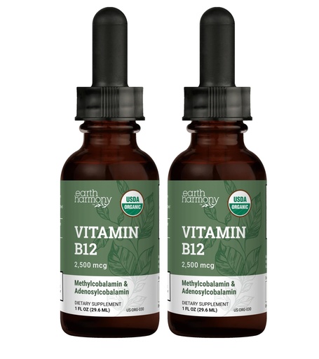 [BRSRMZTROIPAAFD5] USDA Organic Vitamin B12 2000mcg Sublingual Liquid Supplement (2-Pack) - Vegan Methylcobalamin Drops for Natural Energy, Maintain Metabolism, and Immune System Support - 1 Fl Oz