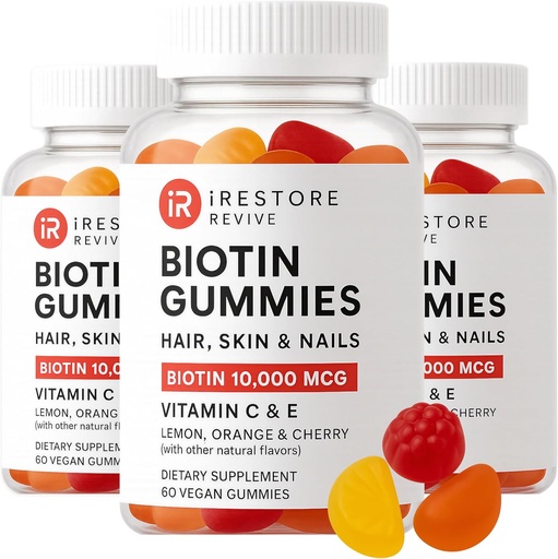 [BRSRMZQPAQBWMDL2] iRestore Hair Gummy Vitamins, Vegan Biotin Gummies for Hair Skin and Nails, Hair Growth Gummies for Women & Men, Biotin 10,000mcg, 3PK