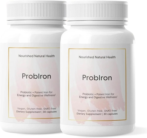 [BRSRAAT3AUNB4CI3] Nourished Natural Health ProbIron - Women's Probiotic + Iron Supplement Boosted with Vitamin C and Copper - Vegan Formula for Energy and Digestive Wellness - 60 Capsules