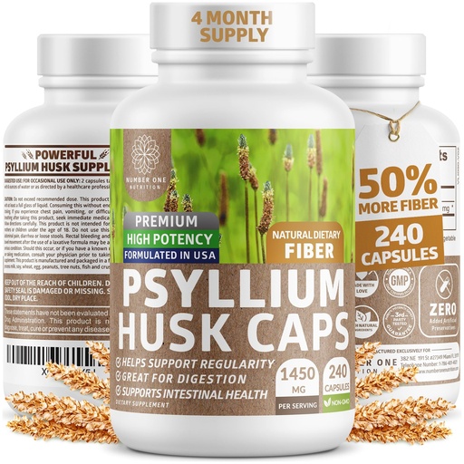 [BRSWGBAEC57QYE3L] Number One Nutrition N1N Premium Psyllium Husk Capsules [All Natural,1450 MG] Powerful Soluble Fiber Supplement to Support Regularity and Digestive Health, 240 Caps