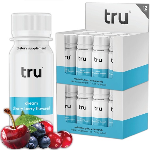 [BRSRMGD5CMMBY2T5] Tru Dream Shot, Cherry Berry Flavored Deep Sleep Aid Shots - Zero Sugar Calm Sleep Drink plus Melatonin, GABA, Chamomile - Caffeine Free, GF, Keto, Natural Flavors, Vegan Supplement, 2oz (Pack of 24)