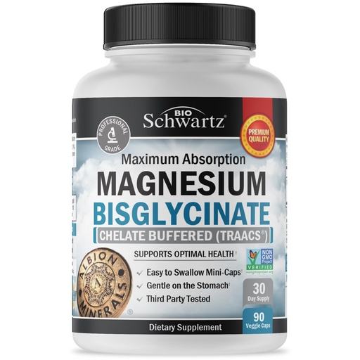 [BRSRMEIROUIRYF3H] Magnesium Bisglycinate 100% Chelate No-Laxative Effect - Maximum Absorption & Bioavailability, Fully Reacted & Buffered - Healthy Energy Muscle Bone & Joint Support - Non-GMO Project Verified - 90 ct