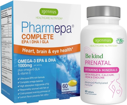 [BRSROZA5CQMQKCYU] Advanced Prenatal Multivitamin & Pharmepa Kompletní EPA DHA rTG Omega 3 1000mg Podpora těhotenství Bundle, od Igennus