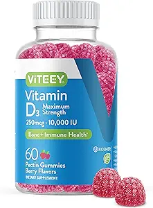[BRSW2HQPAAIRSFL6] Viteey Vitamin D3 Gummies for Adults & Teens - 10,000 IU, 250mcg, Maximum Strength - Joint & Muscle Health, Immune Boost - Chewable Vitamin D Gummies - Vegetarian, Gelatin Free - Tasty Berry Flavored