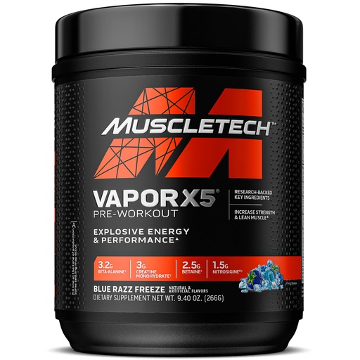 [BRSWKGA4AJ7GGGTC] MuscleTech Pre-Workout Powder, Vapor X5 - Sports Nutrition Muscle Building Supplements for Women & Men - Intense Muscle Pump Energy Powder Drink Mix - Blue Razz Freeze, 266g (30 Servings)