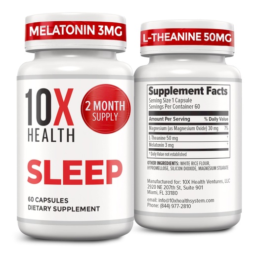 [BRSRAZYTAUIBQF3J] 10X Health Sleep Supplements for Adults - 60 Capsules - Melatonin 3mg, L Theanine, Magnesium Supplement, Magnesium Oxide for Deep, Better Rest & Relaxation - 3-in-1 Natural Sleep Support