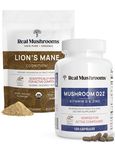 [BRSWYCT5DMPQK23B] Real Mushrooms Vitamin D2, Chelated Zinc, Chaga, Reishi (120ct) and Organic Lion's Mane Powder (60 Servings) Bundle - Immunity and Cognitive Support, Improved Absorption - Vegan, Gluten Free, Non-GMO