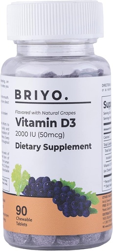 [BRSROYYDCMCAGE3G] Briyo Vitamiin d3 närimistablett - 2000 RÜ (50 mcg per Serving) - maitsev looduslik viinamarjamaitse, 90 Count