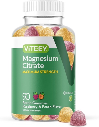 [BRSRMZIQCQBBUE3A] VITEEY Magnesium Gummies for Adults - 255mg of Magnesium Citrate Gummy for Calm, Sleep, Nerve & Muscle Function Support - Vegan, Gluten Free - 90 Count