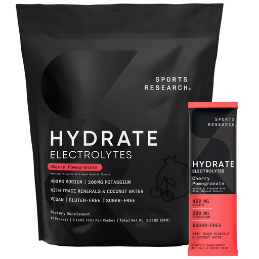 [BRSROBT7AEPQK232] Sports Research Hydrate Electrolytes Powder Packets - Sugar-Free & Naturally Flavored with Vitamins, Minerals, and Coconut Water - Supports Hydration - 16 Packets - Cherry Pomegranate