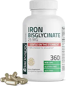 [BRSRA2QYBV7BQD3D] Bronson Iron Bisglycinate 25 mg Gentle on The Stomach, Supports Energy & Healthy Red Blood Cell Production - Non-Constipating Formula - Non GMO, 360 Vegetarian Capsules