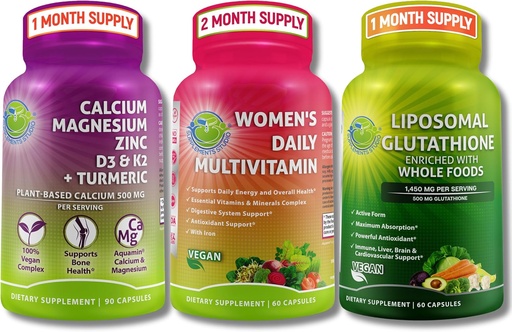 [BRSRAHA5BYAWEGTL] Vegan Bone & Immune Support Bundle - Liposomal Glutathione 500mg with Organic Whole Foods + Women's Daily Multivitamin with Iron & Plant-Based Calcium, Magnesium, D3, K2, Zinc, and Turmeric