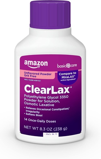 [BRSWGZQPOEIWA2T6]   Basic Care ClearLax, Polyethylene Glycol 3350 Powder for Solution, Osmotic Laxative, Unflavored, 8.3 ounce (Pack of 1)