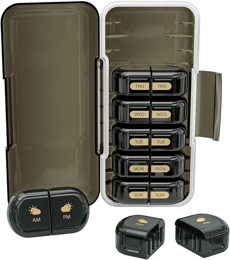 [BRSROFIROR6RO3Q3] Tedenske tablete Organizator 2 krat na dan, Vlažno-Proof, Odstranljivi kompartmenti, AM PM tablete Box 2X 7 dan, potovalne tablete Organizator za tablete/ribje olje/sredstvo/Vitamin/Dodatki (črna)