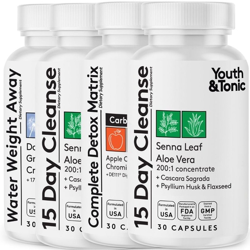 [BRSROHT2BFYRSFLB] Detox Cleanse Kick Off Weight Management and Extra Colon Cleanser. 4pk for Water Loss, Bloating, Flat Stomach, Puffiness w Apple Cider Vinegar, Senna Leaf, Glucomannan, Chromium, Probiotic 120 Pills
