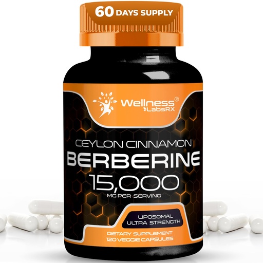 [BRSROZQDCIPR43TB] WELLNESS LABSRX Berberine 15,000mg - Third-Party Tested Berberine Supplement HCL with Ceylon Cinnamon, Black Pepper Extract and Apple Cider Vinegar, Heart Support Capsules - 120 Capsules - Pack of 1