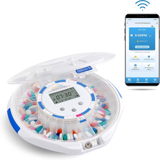 [BRSRMAYCBUFAY3DV] Live Fine Smart WiFi Automatic Pill Dispenser Clear Lid | 28-Day Medication Organizer Up to 9 Doses Per Day for Care Monitoring with Lock Key, Light/Sound Alarms for Prescriptions & Vitamins