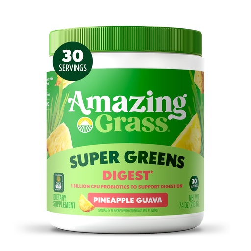 [BRSRAFQEOEFWA2DV] Amazing Grass Super Greens Powder Digest, Organic Greens Blend Smoothie Mix, Digestion Support, Spirulina, Chlorella, Probiotic Drink Mix, Pineapple Guava, 30 Servings, 7.4 Ounce (Packaging May Vary)