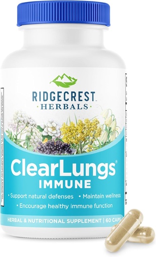 [BRSWIEYIBADAOHTO] RidgeCrest Herbals ClearLungs Immune, Lung Support Supplement with Mullein, Elderberry, Zinc, Vitamin C, Vitamin A, Olive Leaf (60 Caps, 30 Serv)