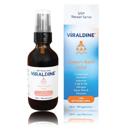 [BRSROBIQBUMGCC3J] VIRALDINE 1.5% Povidone-Iodine Sore Throat Spray, Microplastic-Free Bottle, FSA Eligible, 60ml