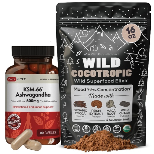 [BRSRABT5CIJWECYV] DailyNutra KSM 66 Ashwagandha (90 Capsules) and Mushroom Cacao Mix (16oz) Bundle for Relaxation and Focus