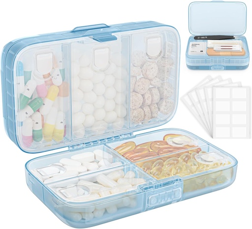 [BRSRAGT2AQFBMDT2] Organizador semanal de píldoras con etiquetas,8 Compartimientos Travel Daily Pill Case Airtight Caja de gran pill resistente a la humedad para mantener vitaminas, aceite de pescado, suplementos, Swab de algodón y Bandages-Blue