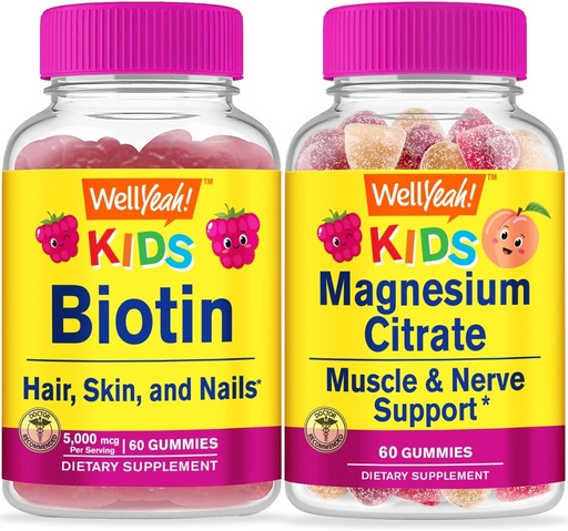 [BRSROEL7O5YAOAA7] WellJa Nei Biotin Kids + Magnesium Citrat Kids, Gummies Bundle - Great Tasting, Vitamin Supplement, Glutenfri, GMO Free, Chewable Gummy