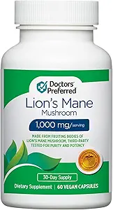 [BRSRAZ35B4NREH3P] DOCTORS' PREFERRED Lions Mane Mushroom Supplement - 1,000 mg/Serving, 60 Vegan Capsules for Brain Health and Overall Daily Wellness. (30-Day Supply)