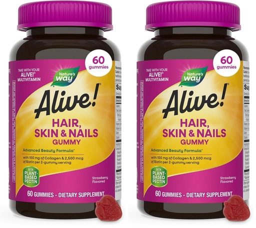 [BRSRAY35DINRA33B] Nature's Way Alive! Hair, Skin & Nails Gummies, Advanced Beauty Formula*, with Biotin and Collagen, Strawberry Flavored, 60 Gummies (Packaging May Vary) (Pack of 2)