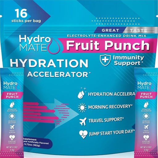[BRSW2GT2A4MWECD7] HydroMATE Electrolyte Powder Fruit Punch Hydration Packets Low Sugar 16 Count