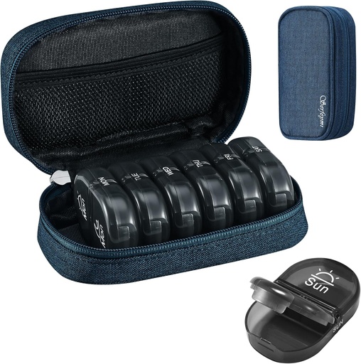 [BRSROHDYOF6WCCY4] Serfeymi Weekly Travel Pill Organizer 2 Times A Day AM PM Upgraded Black Pill Box 7 Day with Portable Zipper Canvas Pill Case, Medicine Organizer for Pills, Vitamins, Supplements, Fish Oils - Blue 01