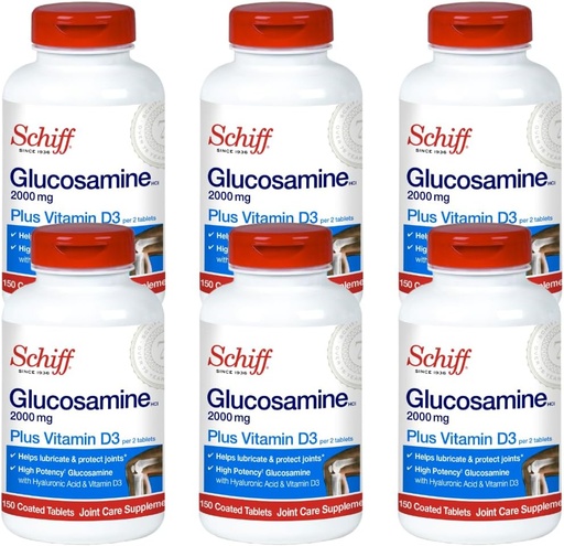[BRSWIGQIPMBRGEL6] Schiff Glucosamine 2000mg with Vitamin D3 and Hyaluronic Acid, 150 tablets - Joint Supplement (Pack of 6)
