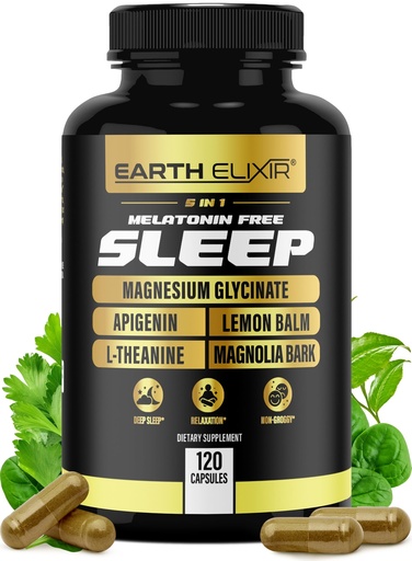 [BRSRMBIZBANRSDY7] Earth Elixir 5-in-1 Melatonin Free Sleep Aid – Magnesium Glycinate, Apigenin Supplement for Sleep, L-Theanine, Lemon Balm Capsules, Magnolia Bark Extract Capsules – Sleep Supplement Without Melatonin
