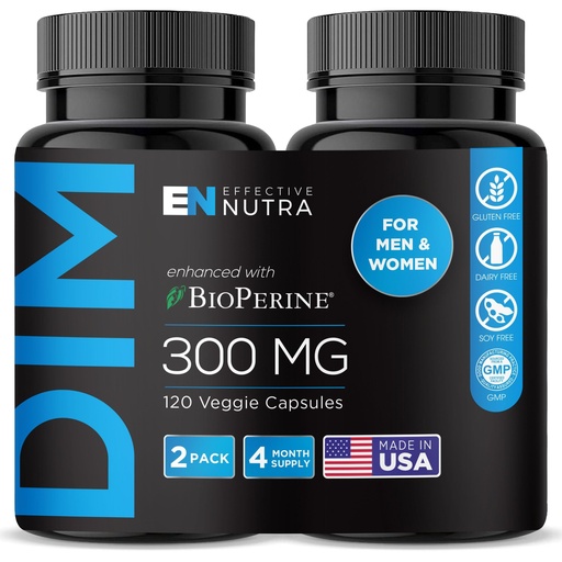 [BRSRMY3YOB6A4F3D] Effective Nutra DIM Supplement 300mg + BioPerine, Extra Strength Estrogen Blocker for Men & Hormone Balance for Women - Diindolylmethane, Hormonal Acne, Menopause Support - 120 Veggie Capsules